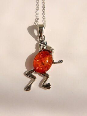 Baltic Amber Frog Pendant Necklace in Sterling Silver